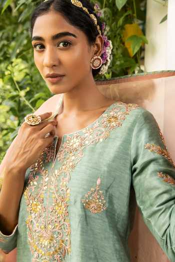 Shop_Kritika Dawar_Blue Dupatta And Pant Tissue, Kurta Linen Silk Gota Embroidered Palazzo Set _Online_at_Aza_Fashions
