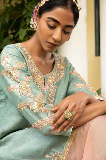 Kritika Dawar_Blue Dupatta And Pant Tissue, Kurta Linen Silk Gota Embroidered Palazzo Set _at_Aza_Fashions