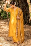 Buy_Kritika Dawar_Yellow Kurta Chanderi Embroidered Floral Motifs Notched Pant Set _at_Aza_Fashions