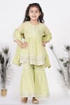 Buy_Little Bansi_Green Cotton Embroidered Floral Motifs Pleated Kurta Sharara Set _at_Aza_Fashions