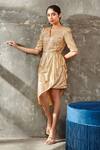 Buy_Samatvam by Anjali Bhaskar_Gold Embellishment V Neck Asymmetric Draped Dress  _at_Aza_Fashions