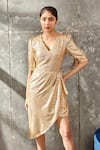 Buy_Samatvam by Anjali Bhaskar_Gold Embellishment V Neck Asymmetric Draped Dress  _Online_at_Aza_Fashions