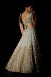 Shop_Angad Singh_Grey Organza Embroidered Geometric V Neck Bridal Lehenga Set _at_Aza_Fashions