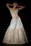 Angad Singh_Grey Organza Embroidered Geometric V Neck Bridal Lehenga Set _Online_at_Aza_Fashions