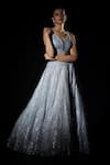 Angad Singh_Blue Organza Geometric Sweetheart Neck Embroidered Lehenga Set _Online_at_Aza_Fashions