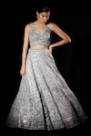 Angad Singh_Grey Organza Embroidered Geometric V Neck Bridal Lehenga Set_Online_at_Aza_Fashions