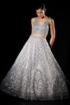 Angad Singh_Grey Organza Embroidered Geometric V Neck Bridal Lehenga Set_at_Aza_Fashions