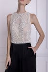 Shop_Dilnaz_Black Net Embellished Pearls Round Hand Jumpsuit  _at_Aza_Fashions