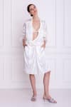 Dilnaz_White Pure Silk Satin Embellished Front Twist Knot Shirt Dress _Online_at_Aza_Fashions