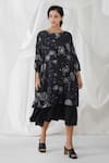 Buy_Yavi_Black 14%silk, 86%cotton Floral Motifs Round Nox Print Dress _at_Aza_Fashions