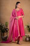 Buy_Pants and Pajamas_Pink Modal Silk Embroidered Zardozi Work Round Notched Neckline Kurta Set _at_Aza_Fashions