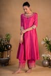 Pants and Pajamas_Pink Modal Silk Embroidered Zardozi Work Round Notched Neckline Kurta Set _Online_at_Aza_Fashions