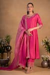 Buy_Pants and Pajamas_Pink Modal Silk Embroidered Zardozi Work Round Notched Neckline Kurta Set _Online_at_Aza_Fashions