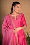 Shop_Pants and Pajamas_Pink Modal Silk Embroidered Zardozi Work Round Notched Neckline Kurta Set _Online_at_Aza_Fashions