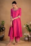 Buy_Pants and Pajamas_Pink Modal Silk Embroidered Zardozi Work Round Notched Neckline Kurta _at_Aza_Fashions