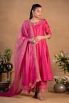 Buy_Pants and Pajamas_Pink Organza Embroidered Zardozi Work Ombre Dupatta _at_Aza_Fashions