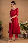 Buy_Pants and Pajamas_Red Modal Silk Embroidered Zardozi Work Round Notched Neckline Kurta _Online_at_Aza_Fashions