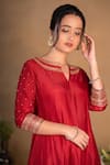 Shop_Pants and Pajamas_Red Modal Silk Embroidered Zardozi Work Round Notched Neckline Kurta _Online_at_Aza_Fashions