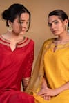 Pants and Pajamas_Red Modal Silk Embroidered Zardozi Work Round Notched Neckline Kurta _at_Aza_Fashions