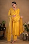 Buy_Pants and Pajamas_Yellow Modal Silk Embroidered Zardozi Work Round Notched Neckline Kurta Set _at_Aza_Fashions