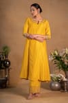 Pants and Pajamas_Yellow Modal Silk Embroidered Zardozi Work Round Notched Neckline Kurta Set _Online_at_Aza_Fashions