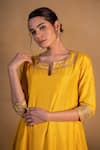 Shop_Pants and Pajamas_Yellow Modal Silk Embroidered Zardozi Work Round Notched Neckline Kurta Set _Online_at_Aza_Fashions