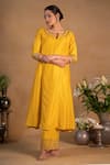 Buy_Pants and Pajamas_Yellow Modal Silk Embroidered Zardozi Work Round Notched Neckline Kurta _at_Aza_Fashions