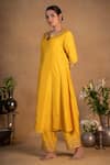 Pants and Pajamas_Yellow Modal Silk Embroidered Zardozi Work Round Notched Neckline Kurta _Online_at_Aza_Fashions