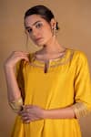 Buy_Pants and Pajamas_Yellow Modal Silk Embroidered Zardozi Work Round Notched Neckline Kurta _Online_at_Aza_Fashions