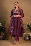 Buy_Pants and Pajamas_Purple Chanderi Embroidered Zardozi Work V Neck Anarkali Set _at_Aza_Fashions