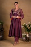 Pants and Pajamas_Purple Chanderi Embroidered Zardozi Work V Neck Anarkali Set _Online_at_Aza_Fashions