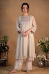 Buy_Pants and Pajamas_Beige Chanderi Embroidered Zardozi Work Round Kurta _at_Aza_Fashions