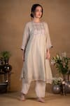 Pants and Pajamas_Beige Chanderi Embroidered Zardozi Work Round Kurta _Online_at_Aza_Fashions