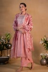 Buy_Pants and Pajamas_Pink Chanderi Embroidered Zardozi Work Round Kurta Set _at_Aza_Fashions