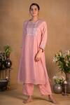 Buy_Pants and Pajamas_Pink Chanderi Embroidered Zardozi Work Round Kurta _at_Aza_Fashions