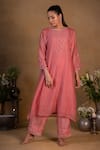 Buy_Pants and Pajamas_Peach Chanderi Embroidered Zardozi Work Round Kurta _at_Aza_Fashions