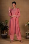 Pants and Pajamas_Peach Chanderi Embroidered Zardozi Work Round Kurta _Online_at_Aza_Fashions