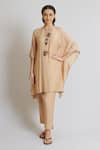 Buy_Brij_Beige Spun Silk Plain Round Scalloped Hem Kaftan And Pant Set _at_Aza_Fashions