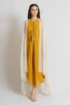 Buy_Brij_Yellow Kora Chanderi Plain Round Kalidar Kurta And Cape Set _at_Aza_Fashions