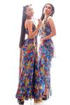 Shop_Nitya Bajaj_Blue Meow Print Pant Saree With Bustier_Online_at_Aza_Fashions