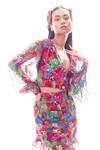 Buy_Nitya Bajaj_Pink Georgette Meow Print Crop Top And Skirt Set_Online_at_Aza_Fashions
