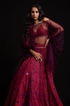 Buy_Cedar & Pine_Multi Color Tulle, Velvet Orbit Blouse V Neck, Kaftan Printed Lehenga Set With _Online_at_Aza_Fashions