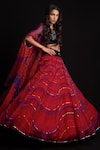 Cedar & Pine_Red Organza Printed Wave Motifs Blouse Scoop Lehenga Set And Cape  _Online_at_Aza_Fashions