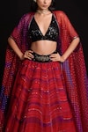 Shop_Cedar & Pine_Red Organza Printed Wave Motifs Blouse Scoop Lehenga Set And Cape  _Online_at_Aza_Fashions