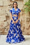 Buy_J by Jannat_Blue Satin Hand Embroidered Bead Work Floral Print Lehenga And Choli Set  _at_Aza_Fashions