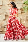 J by Jannat_Red Satin Hand Embroidered Bead Work Floral Print Lehenga And Choli Set  _Online_at_Aza_Fashions