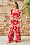 Buy_J by Jannat_Red Satin Hand Embroidered Bead Floral Print Kurta And Draped Pant Set  _at_Aza_Fashions