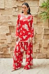 J by Jannat_Red Satin Hand Embroidered Bead Floral Print Kurta And Draped Pant Set  _Online_at_Aza_Fashions