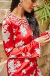 Buy_J by Jannat_Red Satin Hand Embroidered Bead Floral Print Kurta And Draped Pant Set  _Online_at_Aza_Fashions