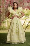 Buy_Fayon Kids_Green Cotton Embroidery, Sequins Ruffle Choli And Lehenga Set _at_Aza_Fashions